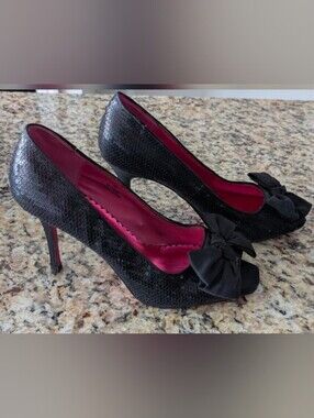 Black Sequin Peep-Toe Heels with Bow - Women's Dress Pumps